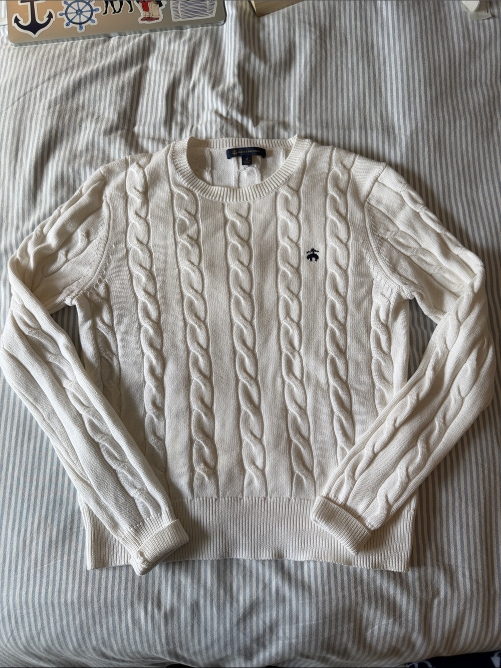 Brooks Brothers Cream Cable-Knit Crewneck Sweater with Embroidered Logo